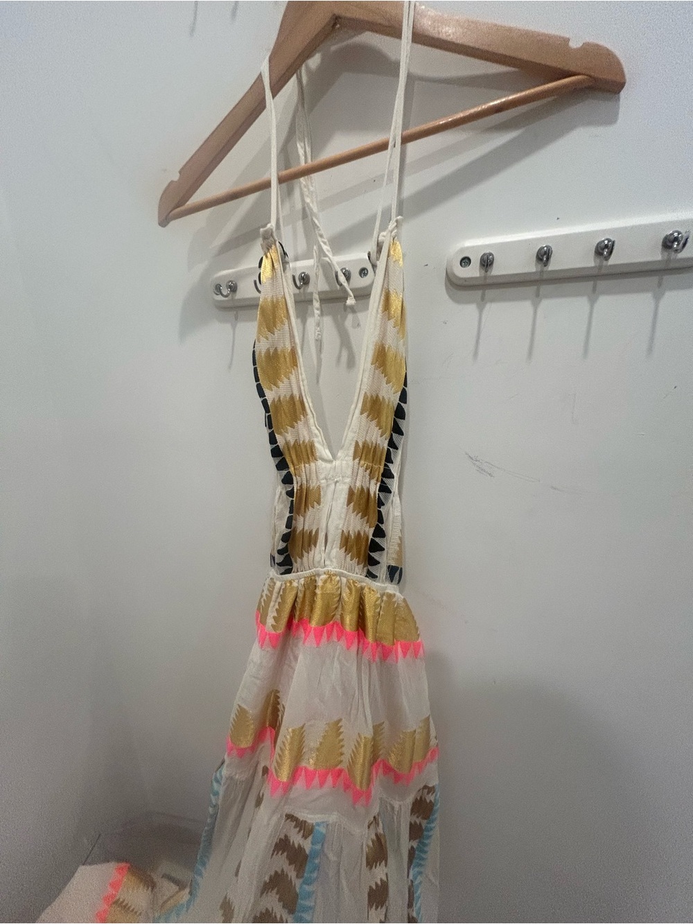 Women's maxi White One-Piece Dress with Gold and Neon Pink Accents